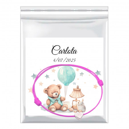 Pulseira coração fio rosa com cartão de batismo personalizado em saquinho de apresentação