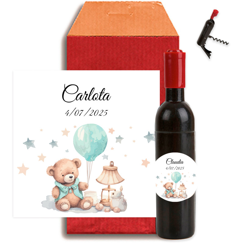 Saca-rolhas personalizado em envelope kraft com cartão personalizado para lembrancinhas de batizado