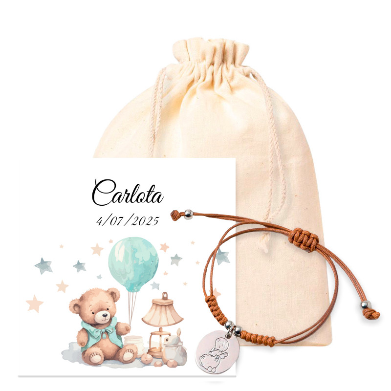 Pulseira de anjo com cartão personalizado em saquinho de pano para lembrancinhas de batizado