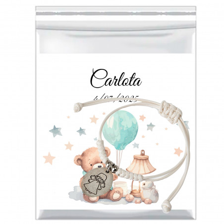 Pulseira anjo da guarda com cartão de batismo personalizado em bolsa de apresentação