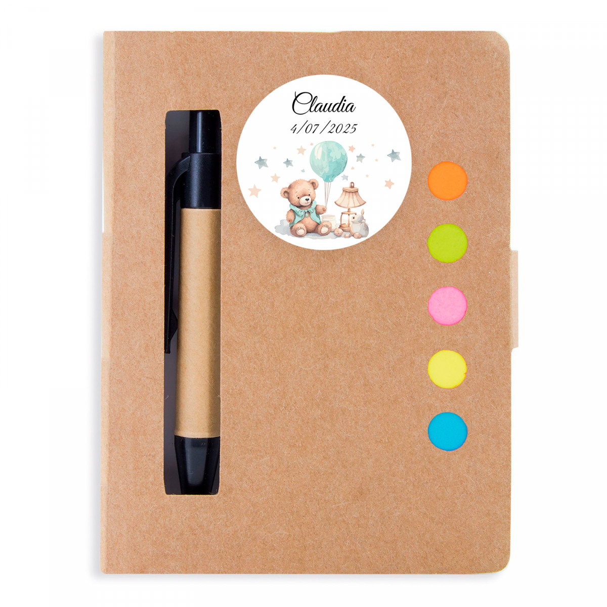 Caderno com adesivo personalizado para detalhes do batismo