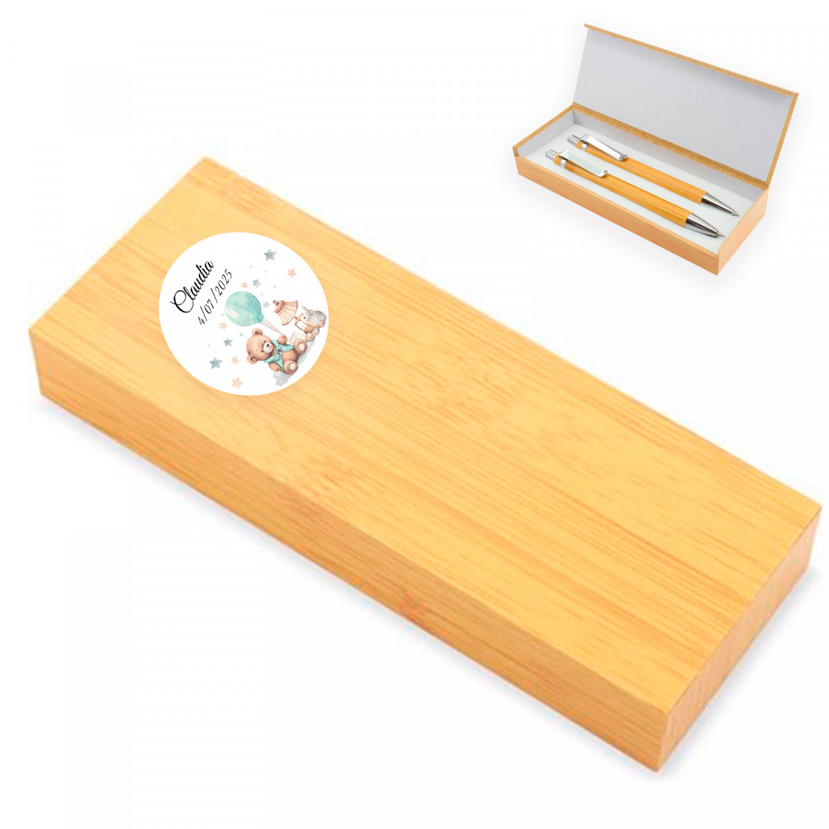 Conjunto de caneta e lapiseira de bambu em caixa com adesivo personalizado para detalhes de batizado