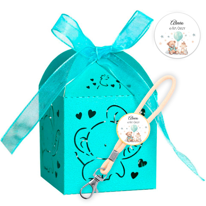 Chaveiro de bambu personalizado em caixa de elefante para lembrancinhas de batizado