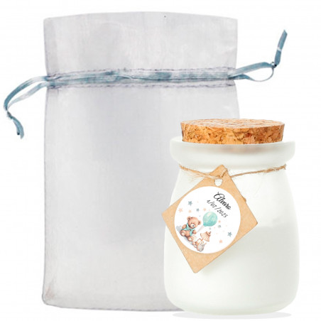 Vela de vidro com tampa personalizada em saquinho de organza para lembrancinhas de batizado