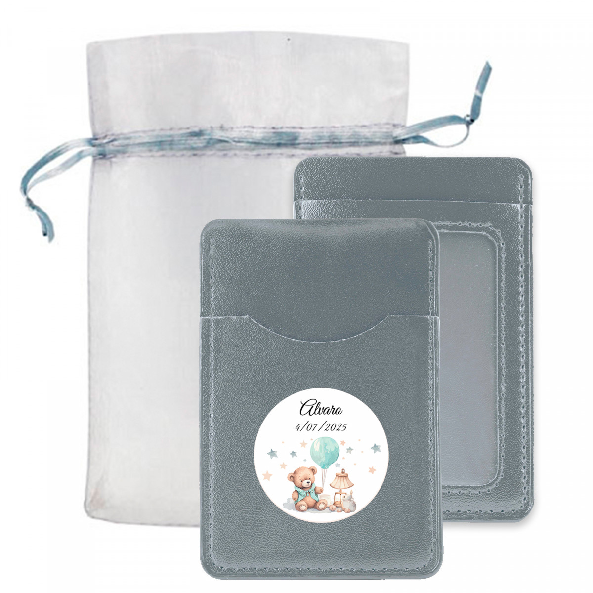 Porta-cartões personalizado em prata em saquinho de organza para lembrancinhas de batizado