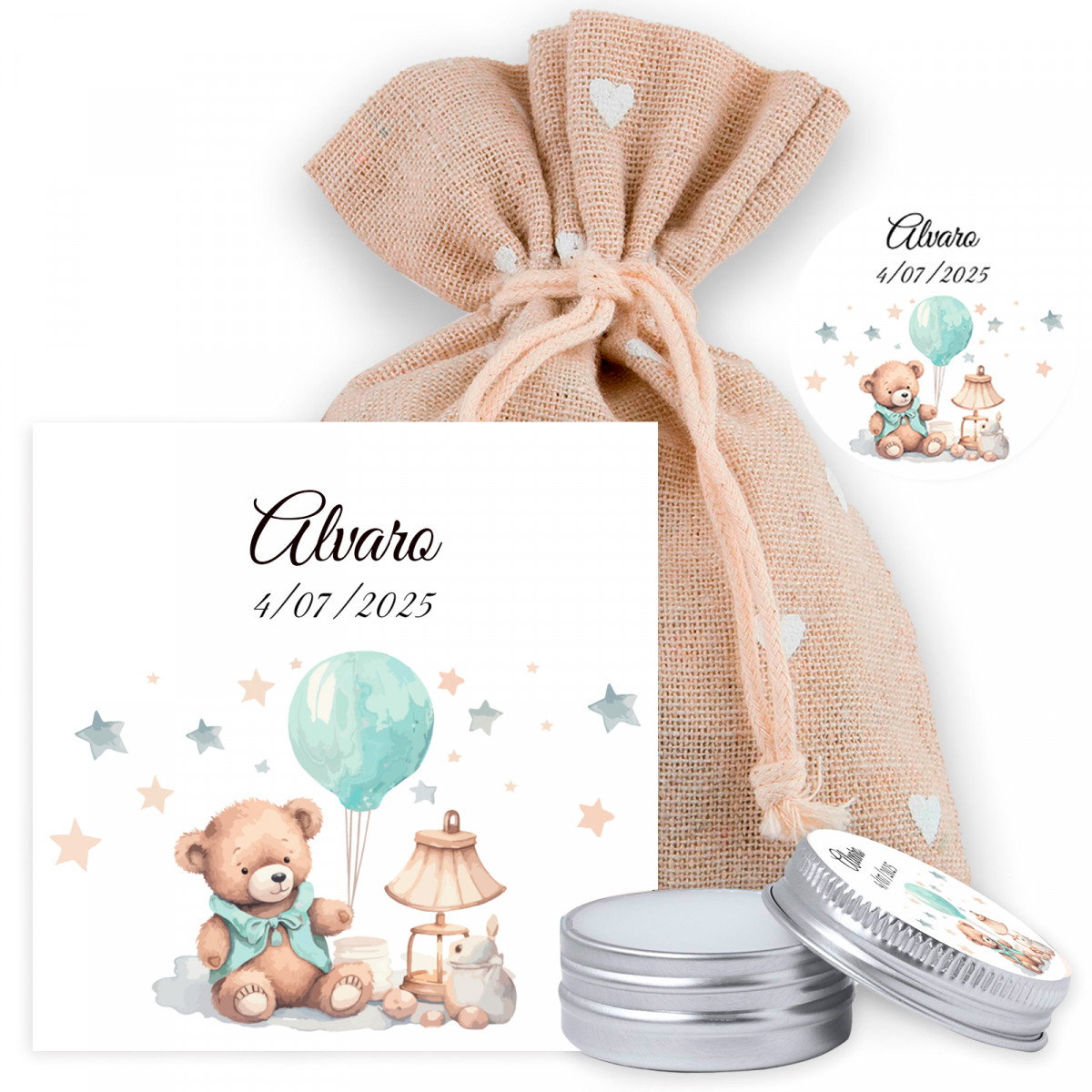 Protetor labial personalizado com um cartão de agradecimento personalizado em uma sacola de pano para lembrancinhas de batizado.