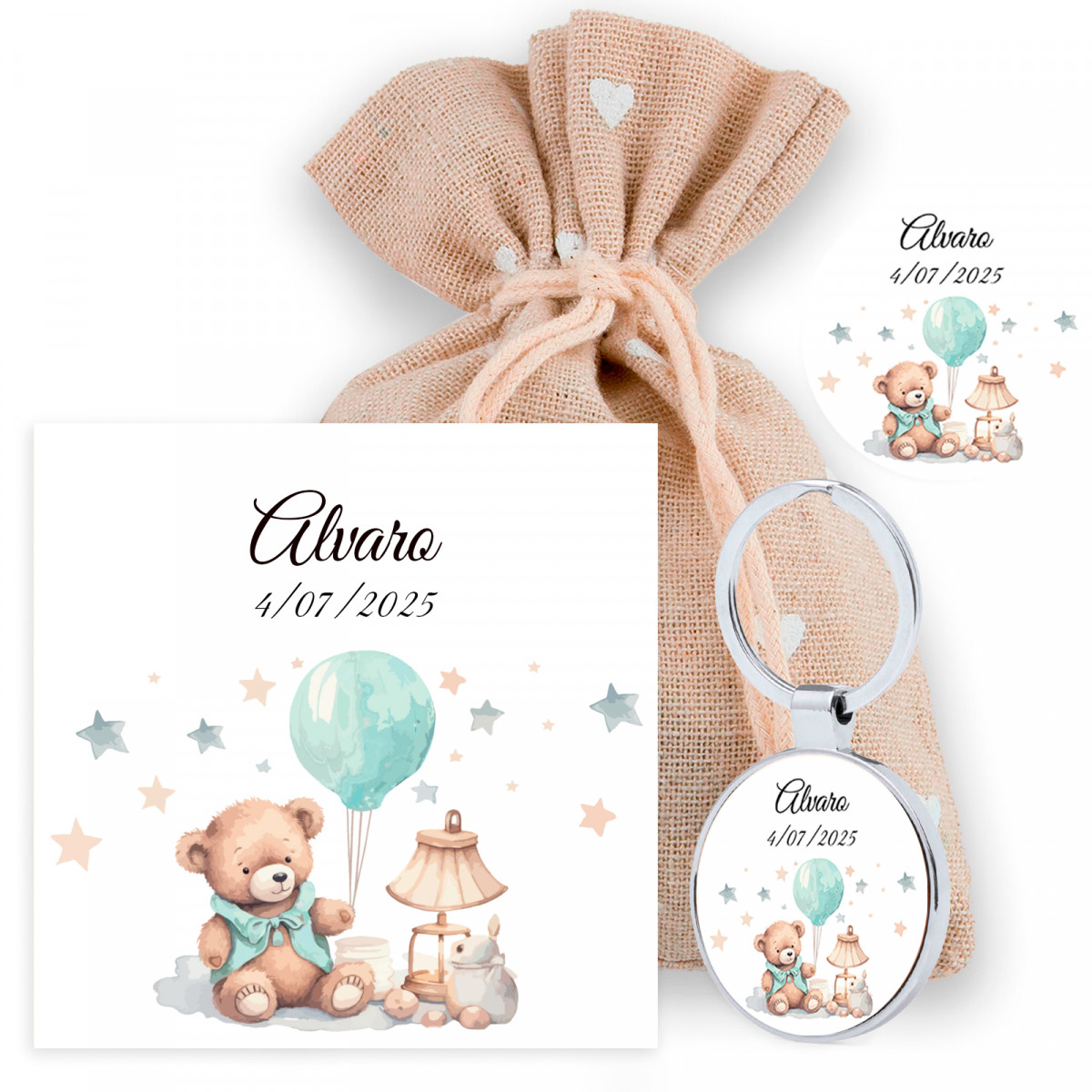 Chaveiro personalizado com cartão de lembrança em saco de pano para batizado