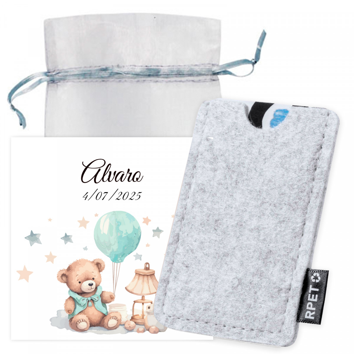 Porta cartão de feltro com cartão de lembrança em saquinho de organza