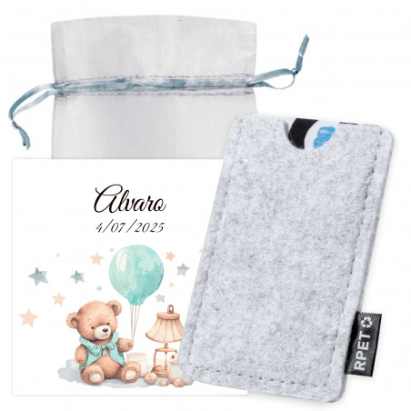 Porta cartão de feltro com cartão de lembrança em saquinho de organza