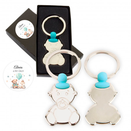 Chaveiro azul bebê em caixa personalizada para mais detalhes