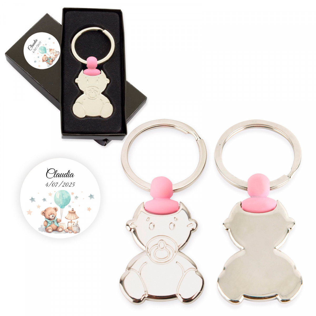 Chaveiro rosa para bebê em caixa personalizada para mais detalhes