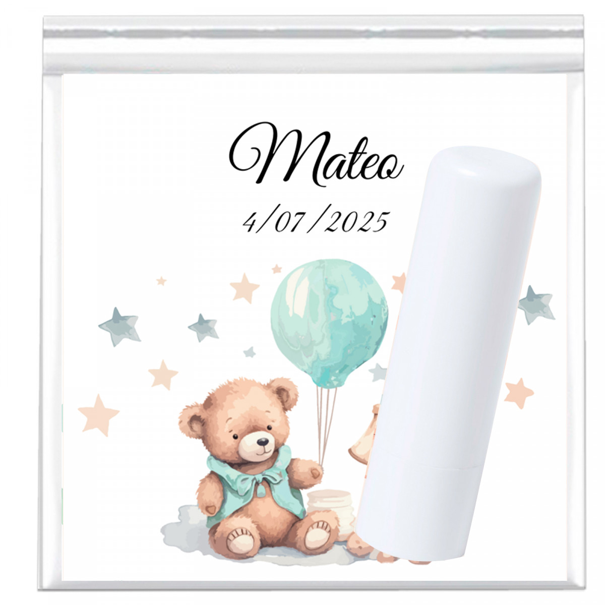 Bálsamo de aloe vera e cartão de lembrança personalizado em uma bolsa transparente para lembrancinhas de batizado