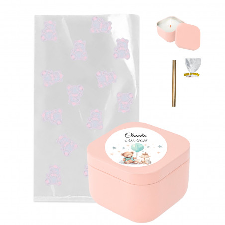 Vela personalizada em saquinho decorado com ursinhos rosa e fecho dourado para detalhes de batizado