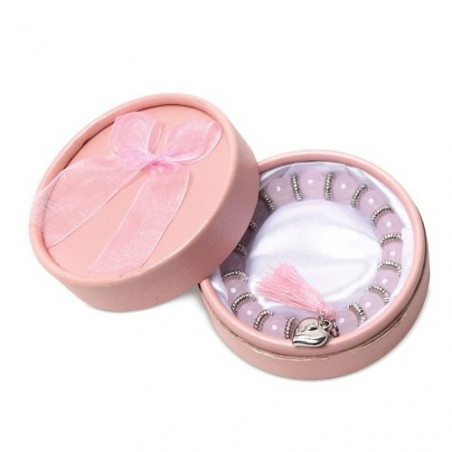Pulseira rosa de contas com pompom em bolsa de algodão e adesivo personalizado para casamentos