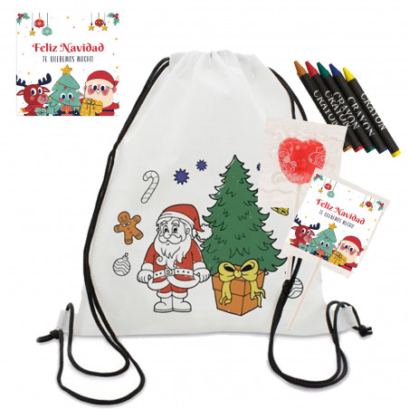 Mochila infantil para pintar com giz de cera incluídos e pirulito personalizado com adesivo de Natal
