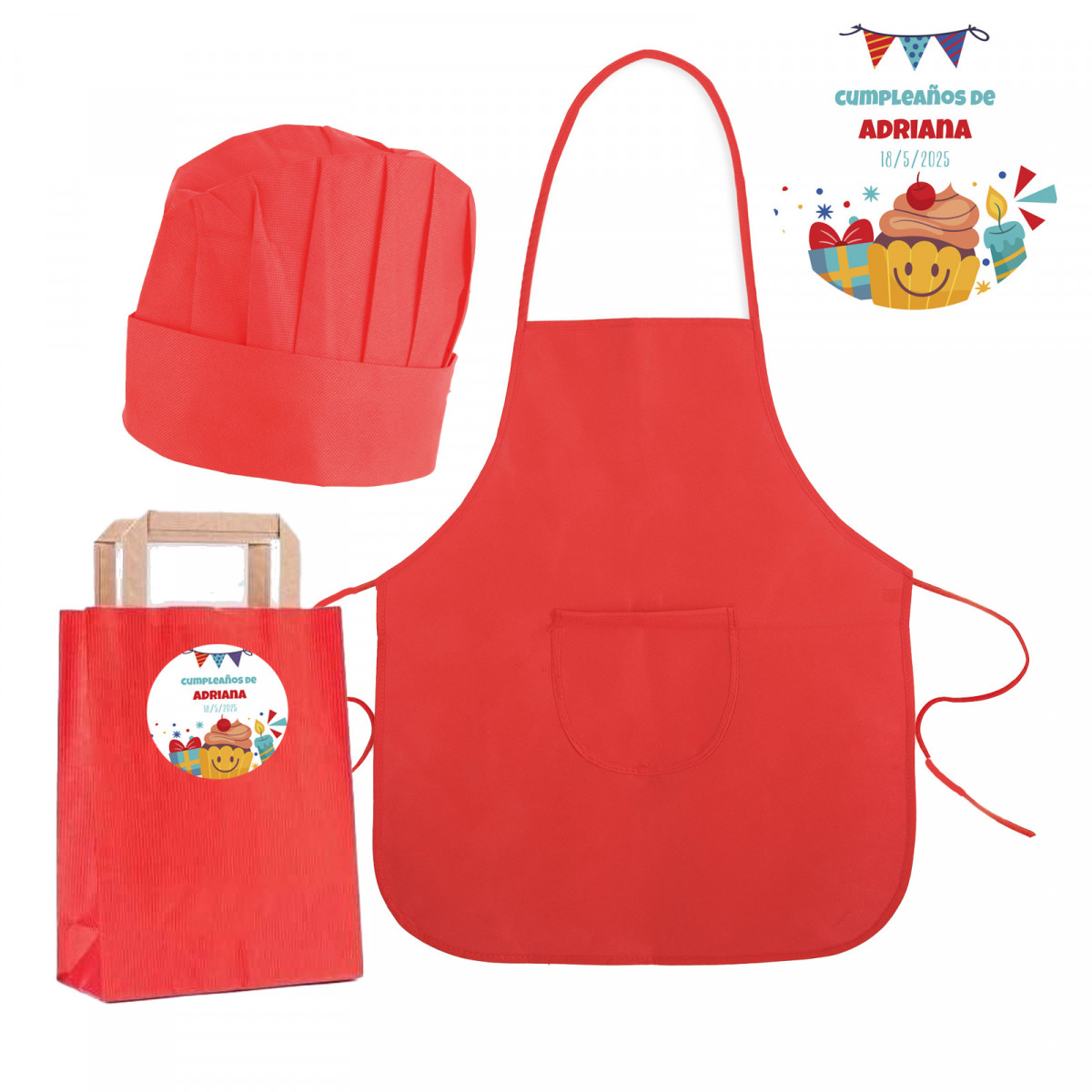 Delantal e chapéu de cozinha infantis vermelhos em bolsa de papel com adesivo personalizado para aniversários