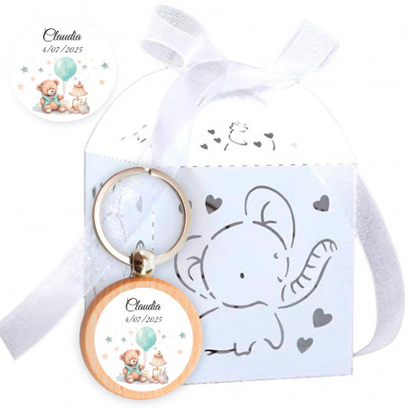 Chaveiro personalizado em caixa de elefante para lembrancinhas de batizado
