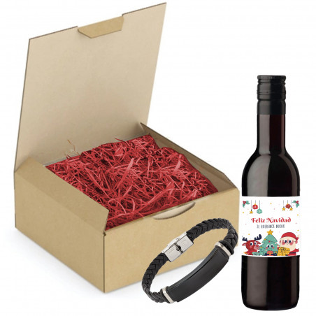 Vinho tinto com adesivo personalizado de Natal e pulseira de aço apresentado em caixa para detalhes
