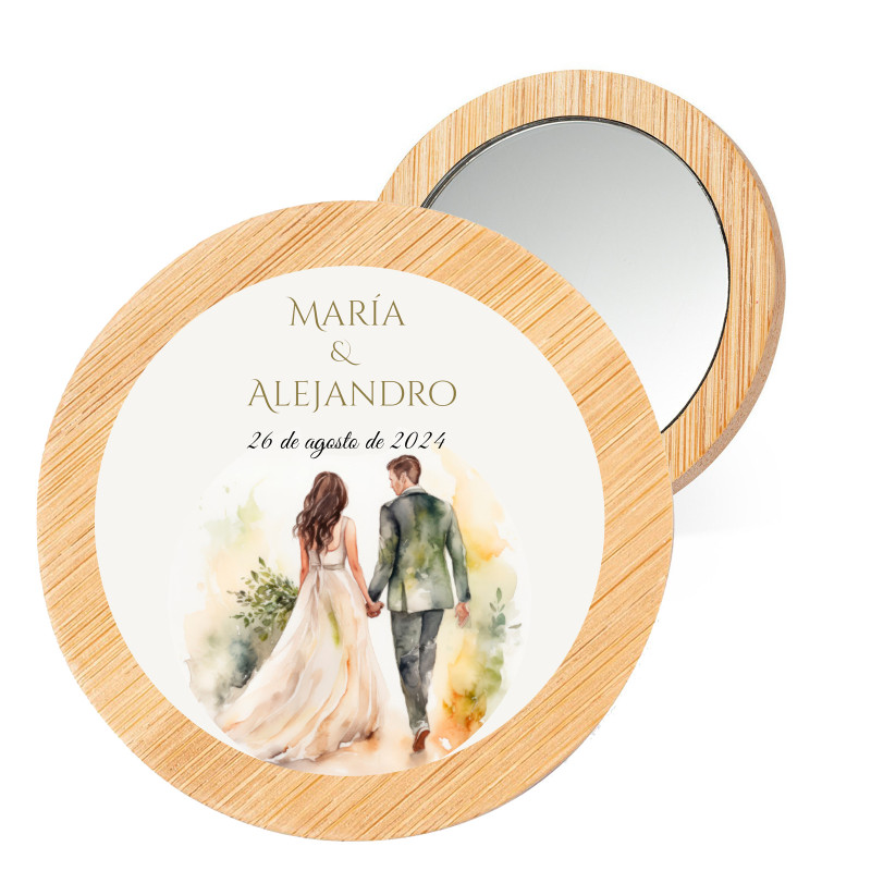 Espelho de madeira personalizado com adesivo noivos para detalhes