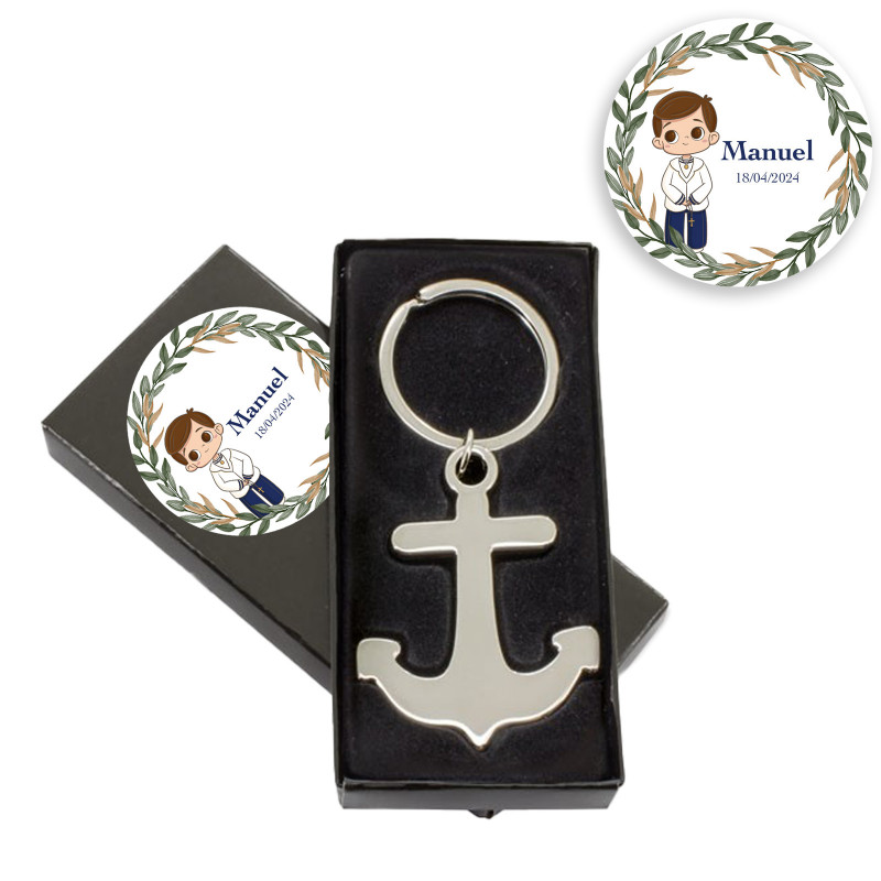 Chaveiro de âncora prateada em caixa de apresentação personalizada com adesivo de comunhão