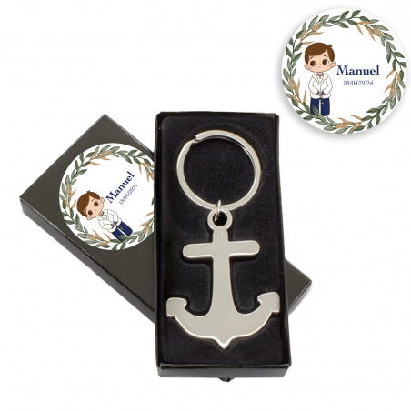 Chaveiro de âncora prateada em caixa de apresentação personalizada com adesivo de comunhão