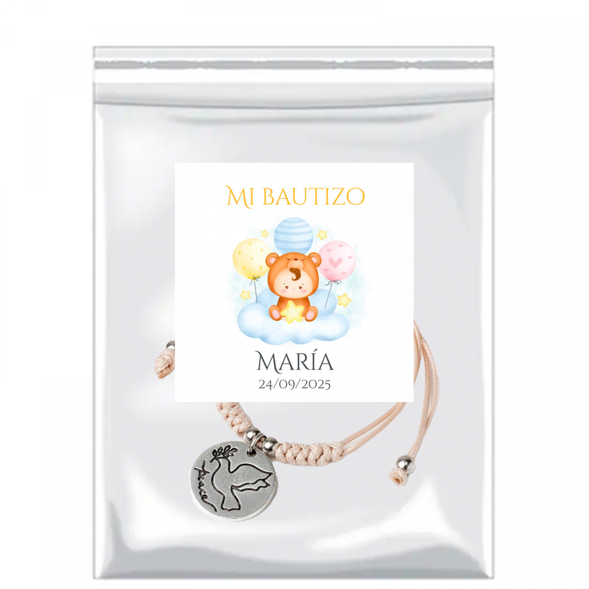 Pulseira com medalha decorativa em bolsa com adesivo personalizável para detalhes