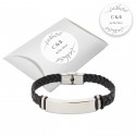 Pulseira de aço para homem apresentada em caixa prateada de papelão com adesivo personalizado para eventos