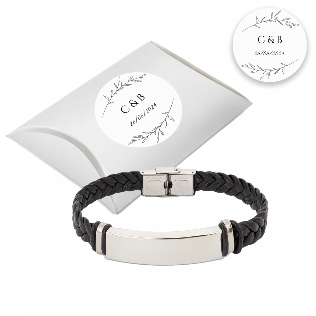 Pulseira de aço para homem apresentada em caixa prateada de papelão com adesivo personalizado para eventos