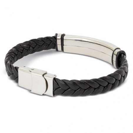 Pulseira de aço para homem apresentada em caixa prateada de papelão com adesivo personalizado para eventos
