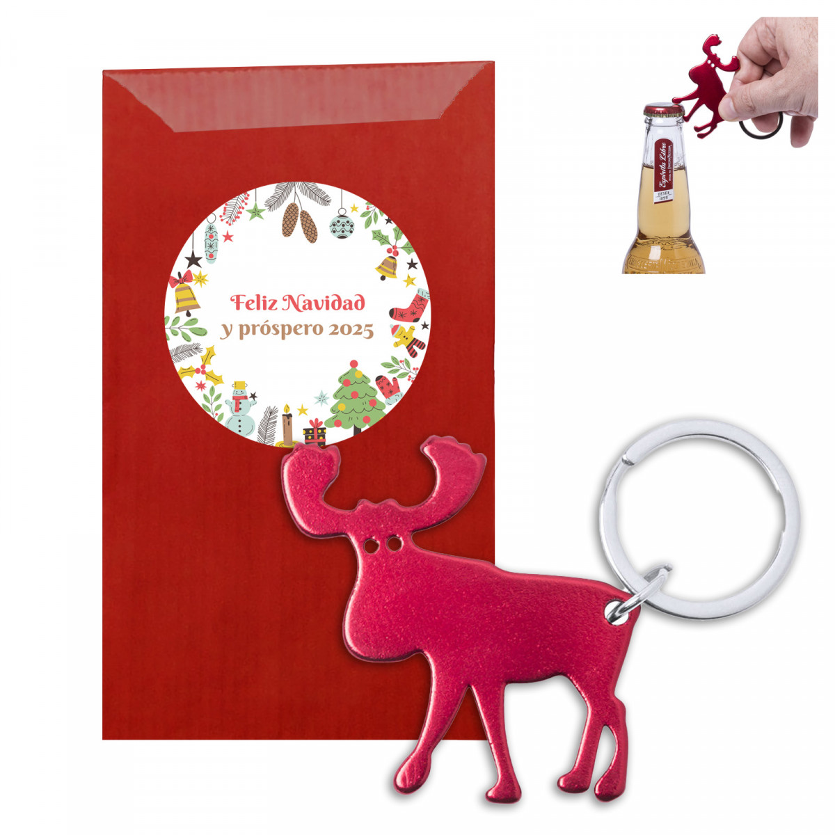Chaveiro abridor em forma de rena na cor vermelha em envelope kraft com adesivo personalizado de natal para detalhes de bares