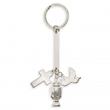 Chaveiro prateado com charm de comunhão em estojo de apresentação e bolsa preta de algodão e cartão para comunhão de menino