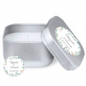 Vela em caixa prata com adesivo herbal 5 cm personalizado para detalhes