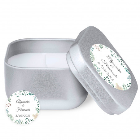 Vela em caixa prata com adesivo herbal 5 cm personalizado para detalhes