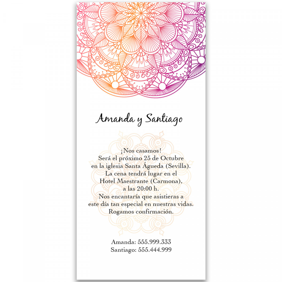 Convite de casamento e eventos com mandala de cores papel vertical