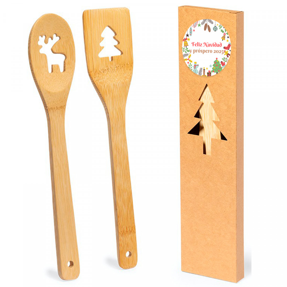Colher e espátula de bambu com decorações de Natal apresentadas em caixa natalina com adesivo personalizável para detalhes