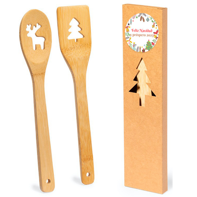Colher e espátula de bambu com decorações de Natal apresentadas em caixa natalina com adesivo personalizável para detalhes