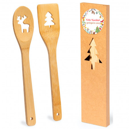 Colher e espátula de bambu com decorações de Natal apresentadas em caixa natalina com adesivo personalizável para detalhes