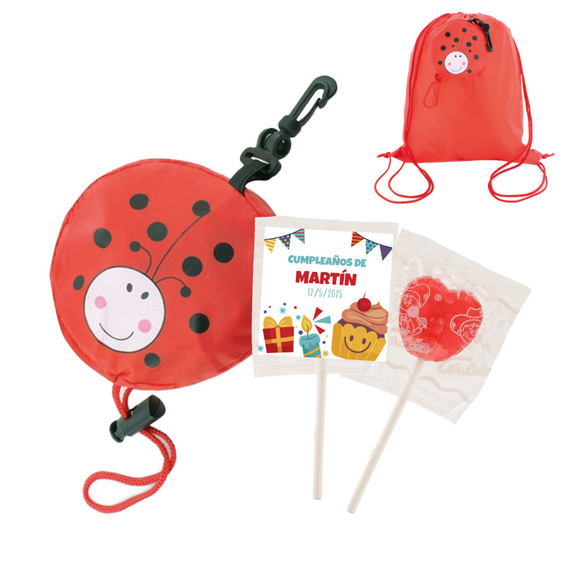 Mochila dobrável de joaninha e pirulito com adesivo personalizado de aniversário