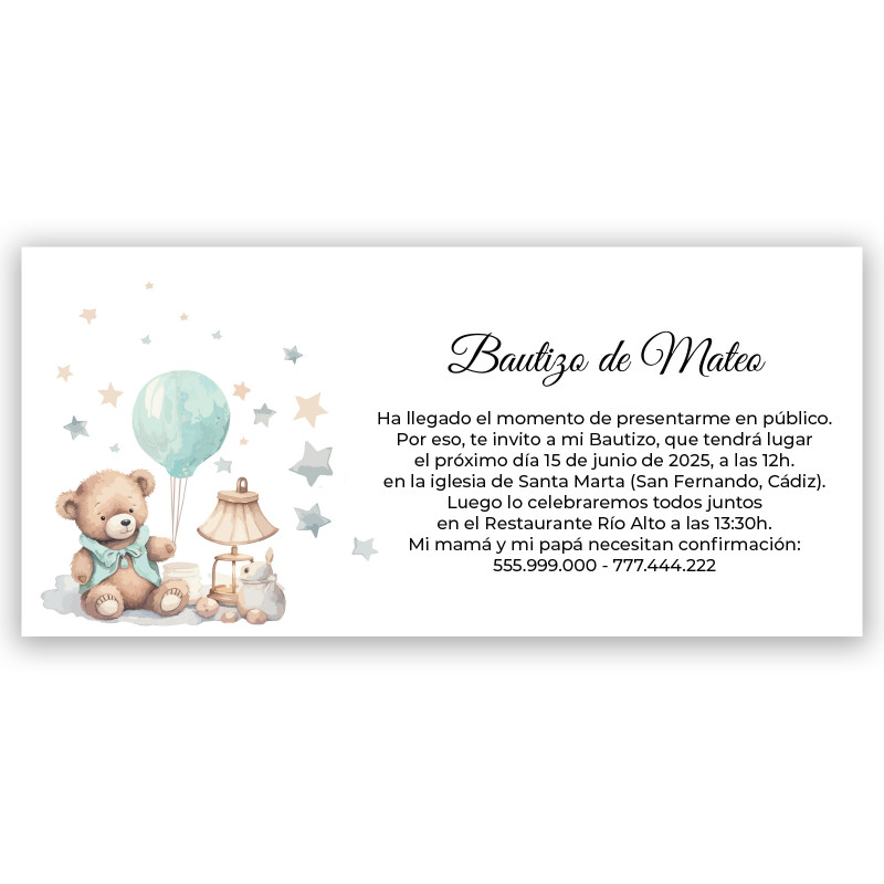 Convite para batizado de ursinho com envelope branco