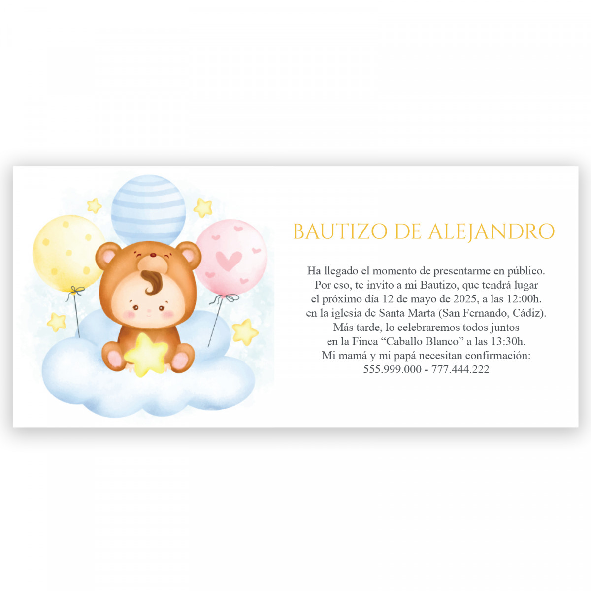 Convite para batizado de bebê em nuvem com balões e envelope branco