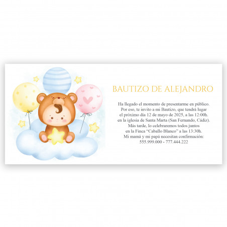 Convite para batizado de bebê em nuvem com balões e envelope branco
