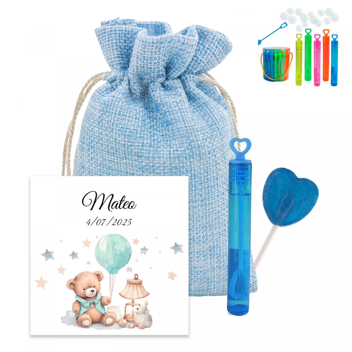 Minipompeiro com pirulito em bolsa de tecido com cartão personalizado para batizados