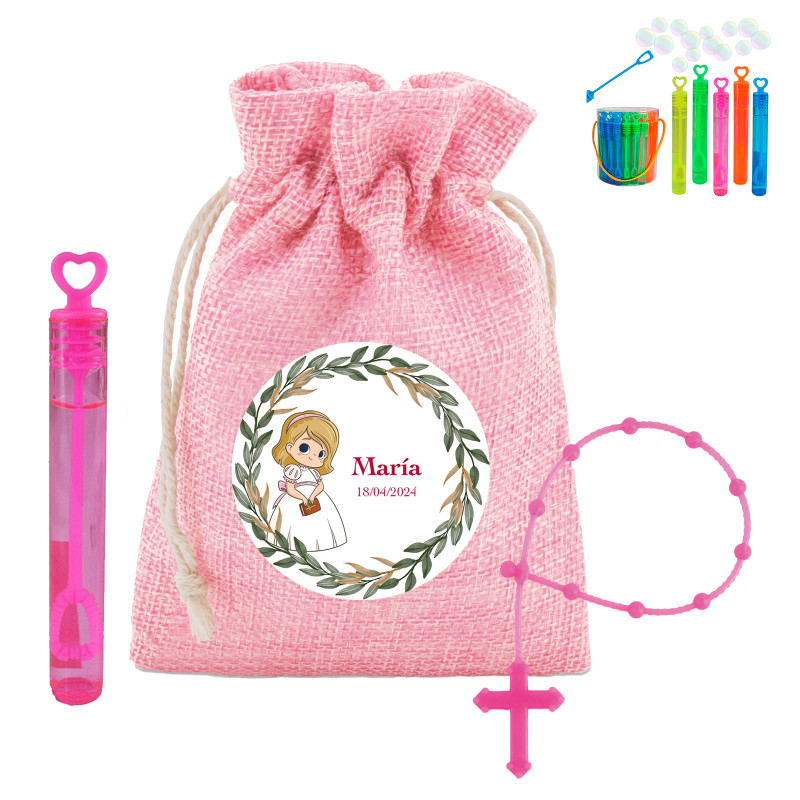 Rosário infantil fúcsia com minipompeiro em bolsa rosa personalizada para comunhão menina