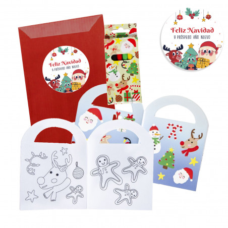 Livro de Natal para colorir com adesivos e lápis em envelope kraft com adesivo personalizável
