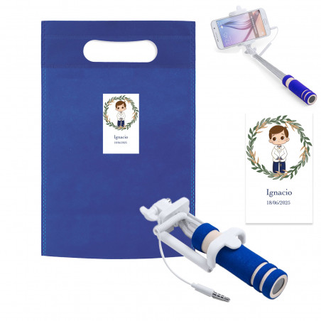 Monopé pau de selfie com pegador azul em bolsa e adesivo para comunhão de menino