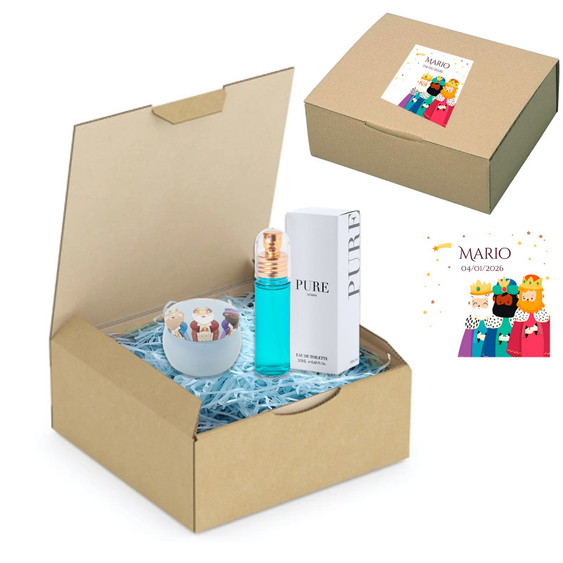 Perfume e caixinha metalizada dos Reis Magos em caixa de apresentação com adesivo personalizado para presente de Natal