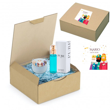 Perfume e caixinha metalizada dos Reis Magos em caixa de apresentação com adesivo personalizado para presente de Natal