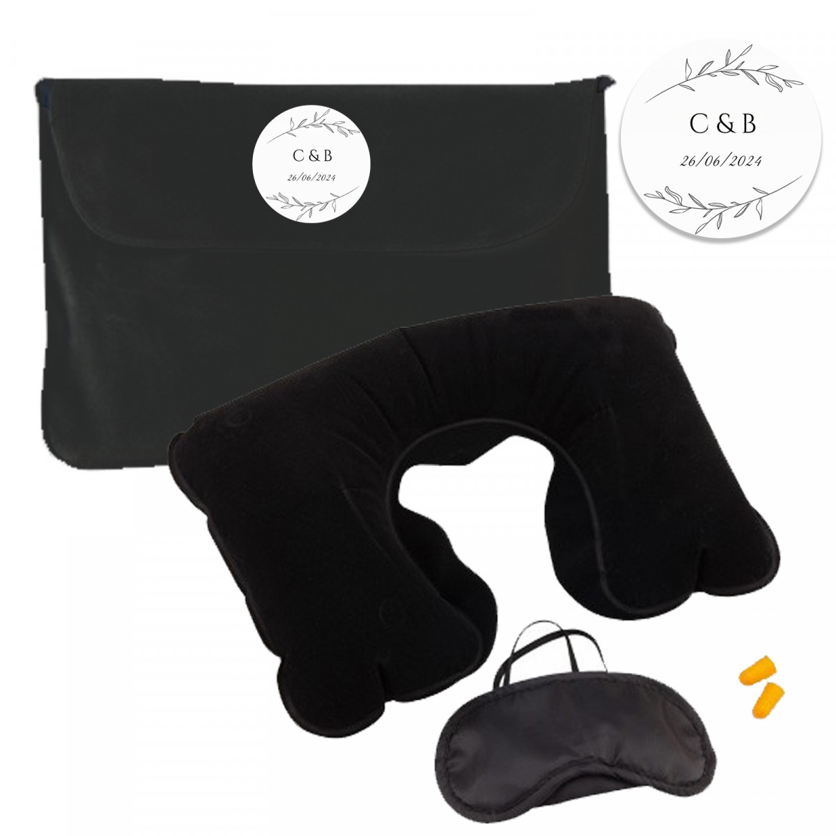 Conjunto de viagem na cor preta com adesivo minimalista personalizável para casamentos