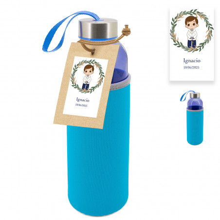 Botelha azul de cristal com etiqueta personalizada com adesivo de comunhão para menino
