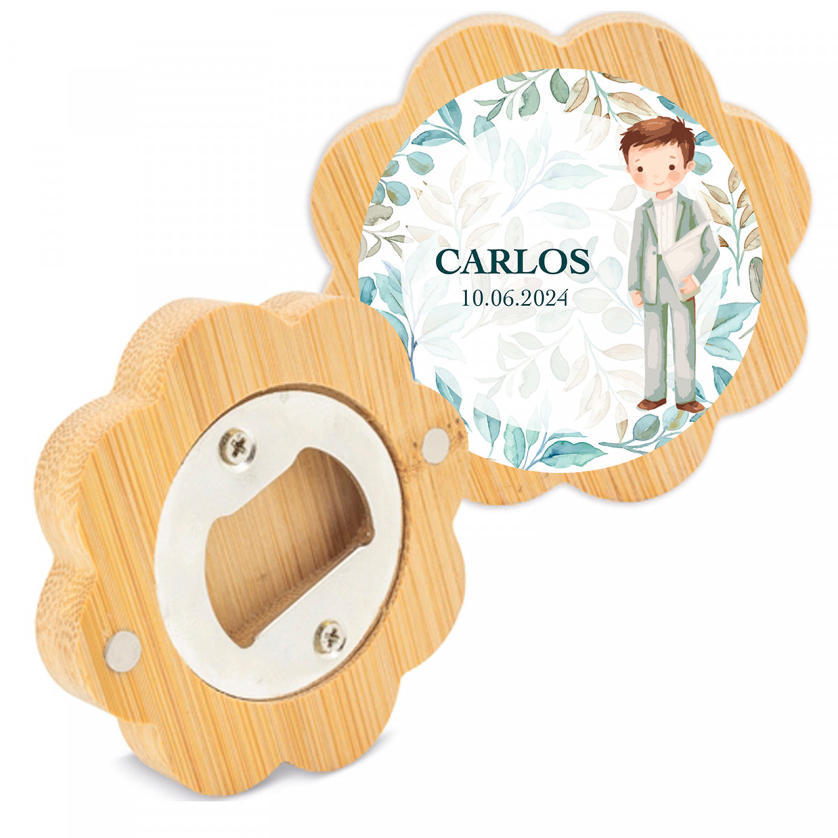Abridor de bambu com forma de flor e adesivo de comunhão menino para detalhes